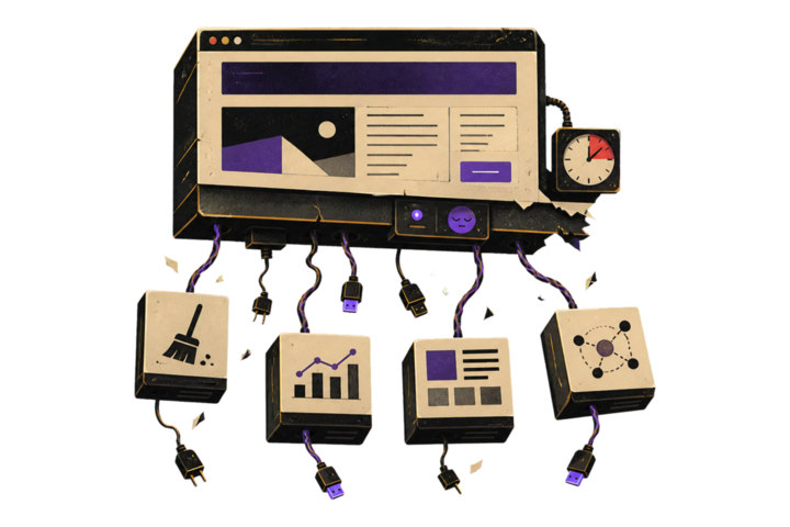 A website console with disconnected upkeep, analytics, content and lead-routing modules.
