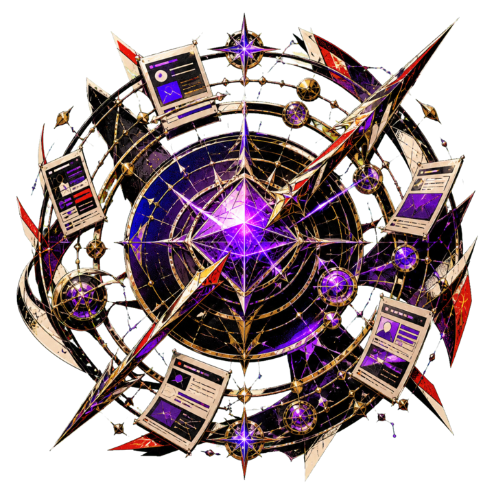 Search Signal Orrery illustration mapping service pages and answer signals around a violet search compass